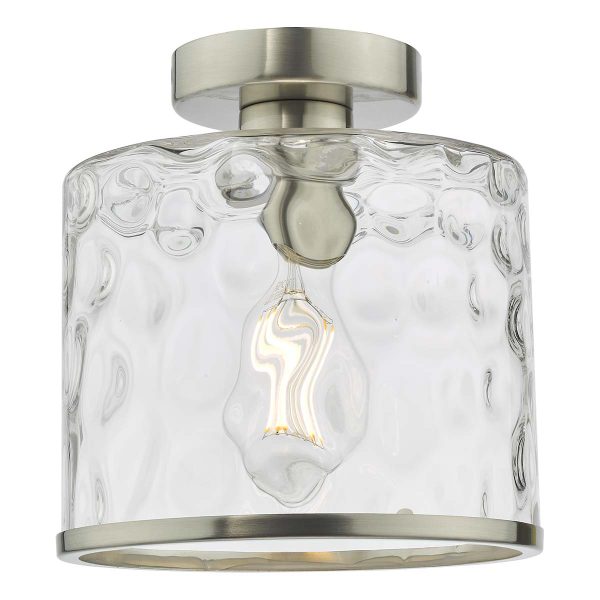 Olsen small dimpled glass semi flush light in satin chrome on white background lit