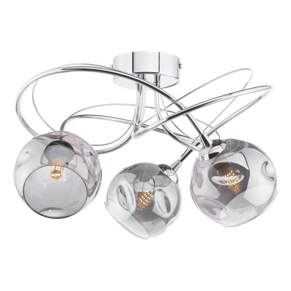 Onawa 3 Arm Flush Ceiling Light Dimpled Smoked Glass Chrome