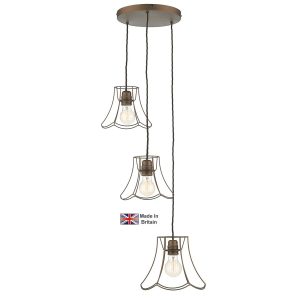 Oregon 3 light shabby chic cluster pendant light in bronze on white background