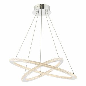 Orion modern 2 ring LED ceiling pendant in polished chrome on white background lit
