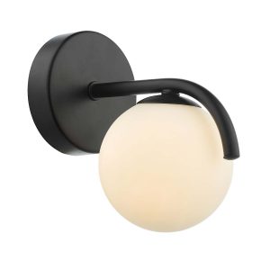 Orlena single switched wall light in matt black with opal glass shade, on white background lit
