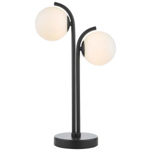 Orlena 2 light table lamp in matt black with opal glass globe shades, on white background lit