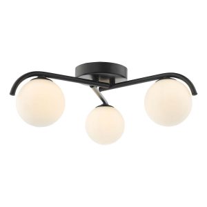Orlena 3 arm flush ceiling light in matt black with opal glass globe shades, on white background lit