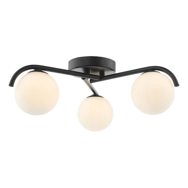 Orlena 3 arm flush ceiling light in matt black with opal glass globe shades, on white background lit