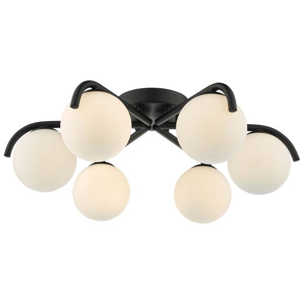 Orlena 3 arm flush ceiling light in matt black with opal glass globe shades, on white background lit