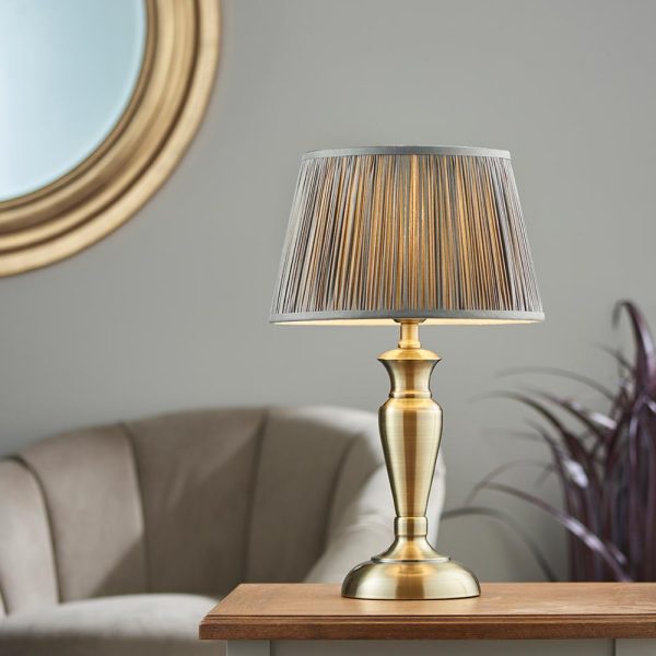 Medium Oslo Classic 1 Light Table Lamp Antique Brass Grey Silk Shade