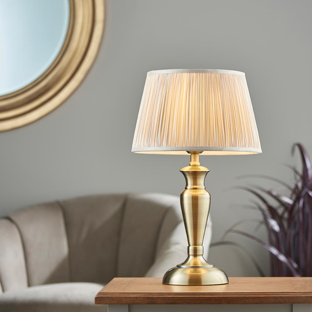 Medium Oslo Classic 1 Light Table Lamp Antique Brass Oyster Silk Shade