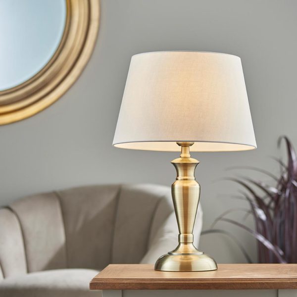 Medium Oslo Classic 1 Light Table Lamp Antique Brass Pale Grey Shade