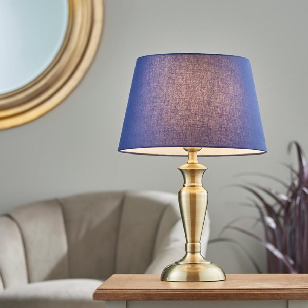 Medium Oslo Classic 1 Light Table Lamp Antique Brass Navy Blue Shade