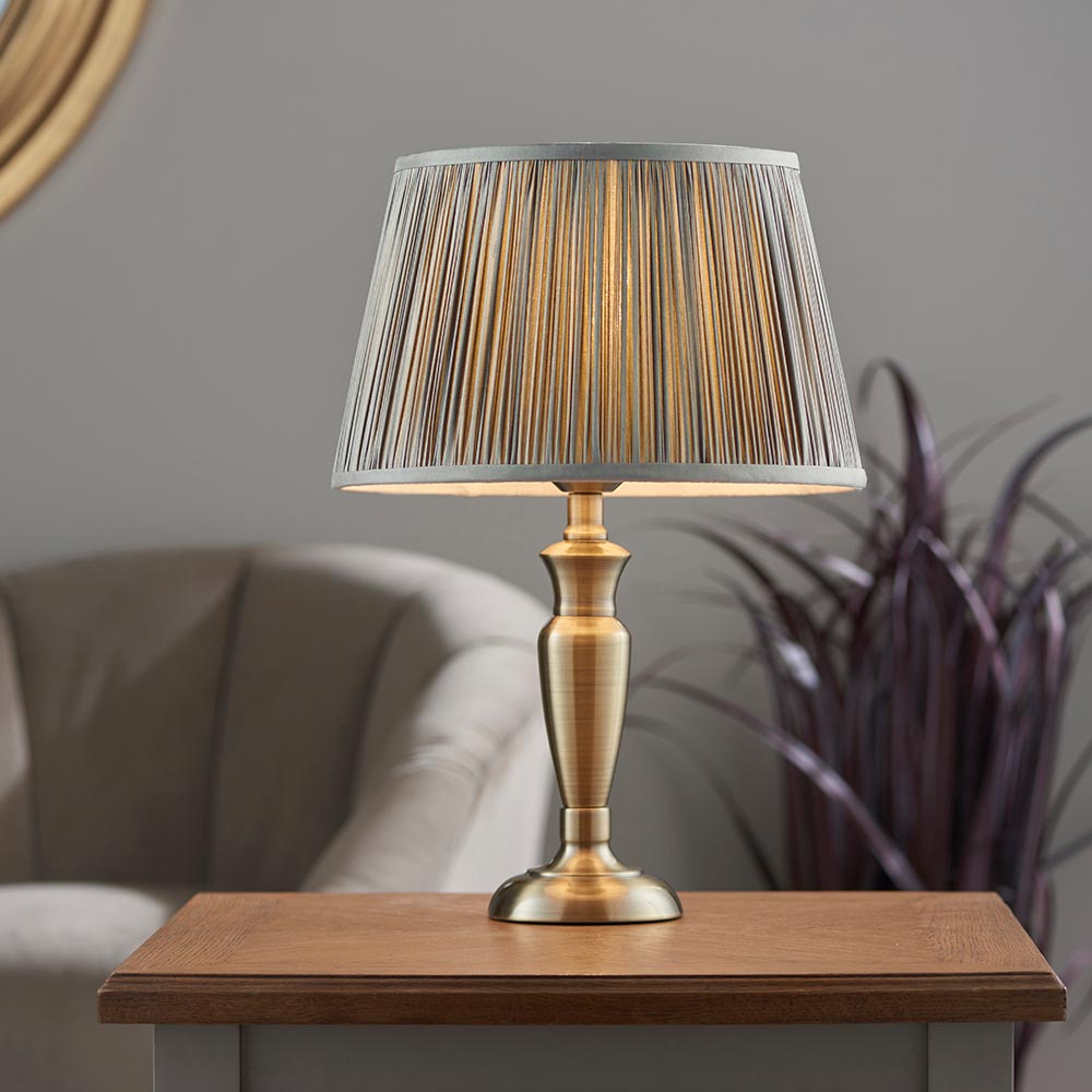 Small Oslo Traditional 1 Light Table Lamp Antique Brass Grey Silk Shade