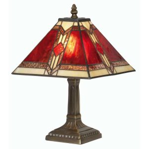 Aztec Art Deco style small Tiffany table lamp in shades of red and amber main image