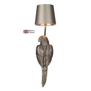 Parrot left facing single wall light in bronze finish with bespoke shade on white background lit