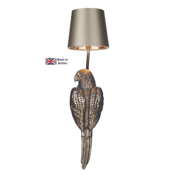 Parrot left facing single wall light in bronze finish with bespoke shade on white background lit