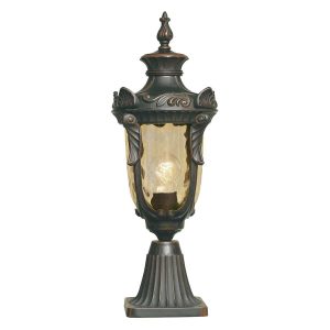 Elstead Philadelphia 1 light outdoor pedestal lantern in old bronze, on a white background.