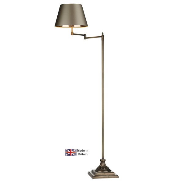 Pimlico swing arm floor lamp solid antique brass on white background lit