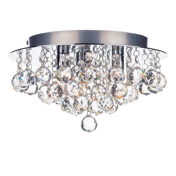 Pluto 3 light flush crystal ceiling light in polished chrome on white background