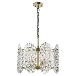 Porthos 8 light chandelier with textured glass shades on white background lit