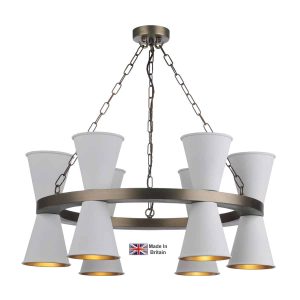 Putney 12 light pendant in solid antique brass with arctic white shades on white background lit