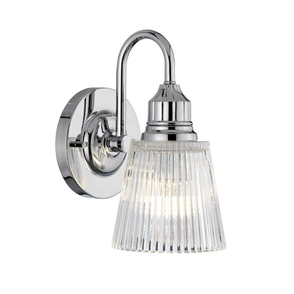 Quintiesse Addison 1 lamp chrome bathroom wall light with ribbed glass shade on white background lit