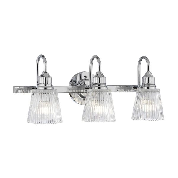 Quintiesse Addison 3 lamp chrome bathroom mirror light with ribbed glass shades on white background lit