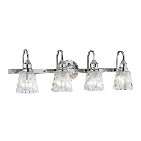 Quintiesse Addison 4 lamp chrome bathroom mirror light with ribbed glass shades on white background lit