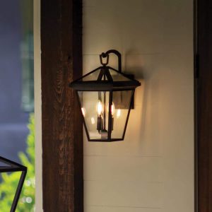 Quintiesse Alford Place medium 2 light outdoor wall lantern in museum black insitu next to front door