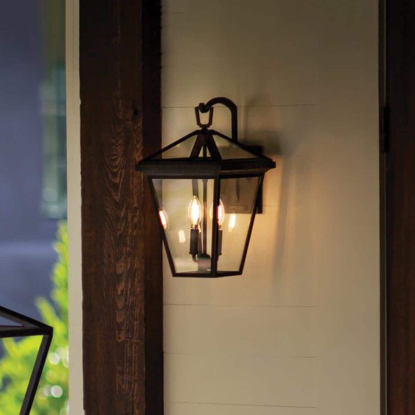 Quintiesse Alford Place medium 2 light outdoor wall lantern in museum black insitu next to front door