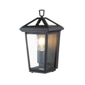 Quintiesse Alford Place 1 light outdoor wall half lantern in museum black on white background lit