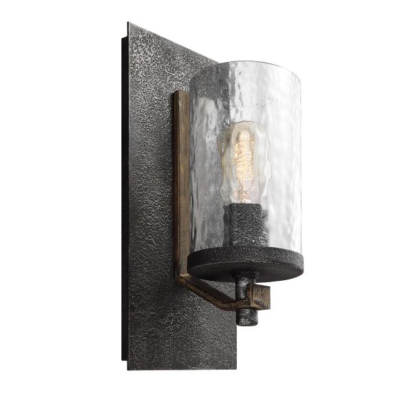 Quintiesse Angelo slate grey single wall light with distressed oak detail and rippled glass shade on white background