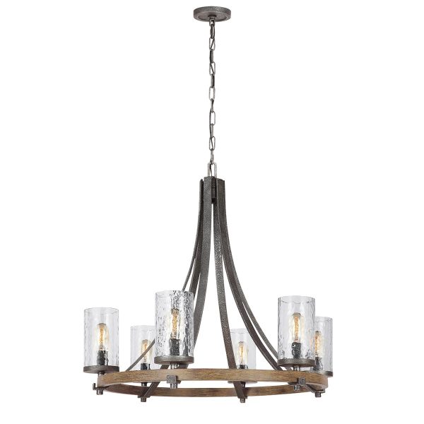 Quintiesse Angelo slate grey finish 6 light cartwheel chandelier on white background