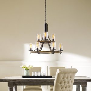 Quintiesse Angelo slate grey finish 9 light cartwheel chandelier over dining room table