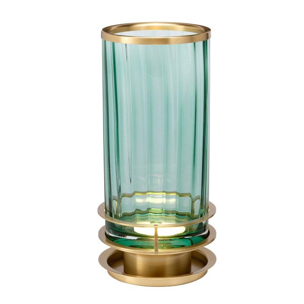 Quintiesse Arno 1 light green ribbed glass table lamp in aged brass on white background lit