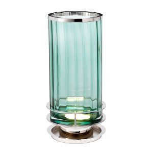 Quintiesse Arno 1 light green ribbed glass table lamp in polished nickel on white background lit