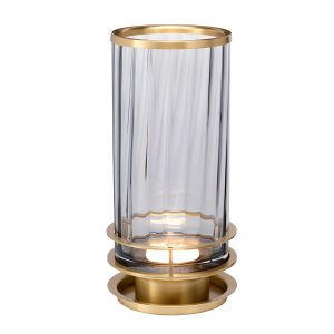Quintiesse Arno 1 light smoked ribbed glass table lamp in aged brass on white background lit