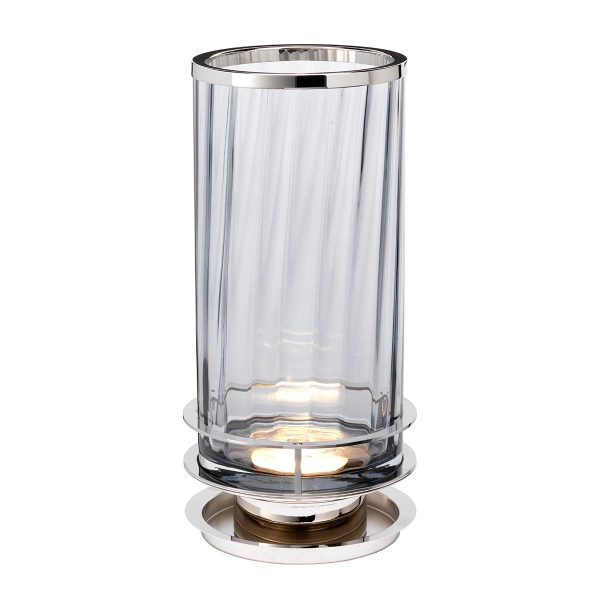 Quintiesse Arno 1 light smoked ribbed glass table lamp in polished nickel on white background lit