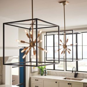 Aros 12 light cube ceiling pendant in black and warm brass kitchen closeup