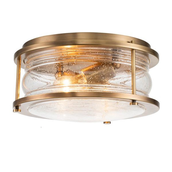 Quintiesse Ashland Bay 2 lamp flush bathroom ceiling light in natural brass on white background lit