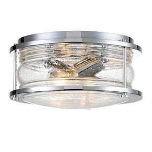 Quintiesse Ashland Bay 2 lamp flush bathroom ceiling light in polished chrome on white background lit
