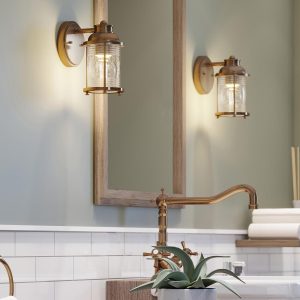 Quintiesse Ashland Bay 1 lamp bathroom wall light in natural brass either side of mirror