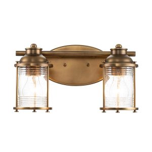Quintiesse Ashland Bay twin bathroom wall light in natural brass on white background lit