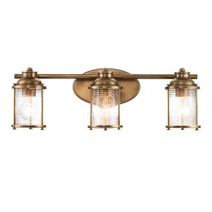 Quintiesse Ashland Bay 3 lamp bathroom mirror light in natural brass on white background lit