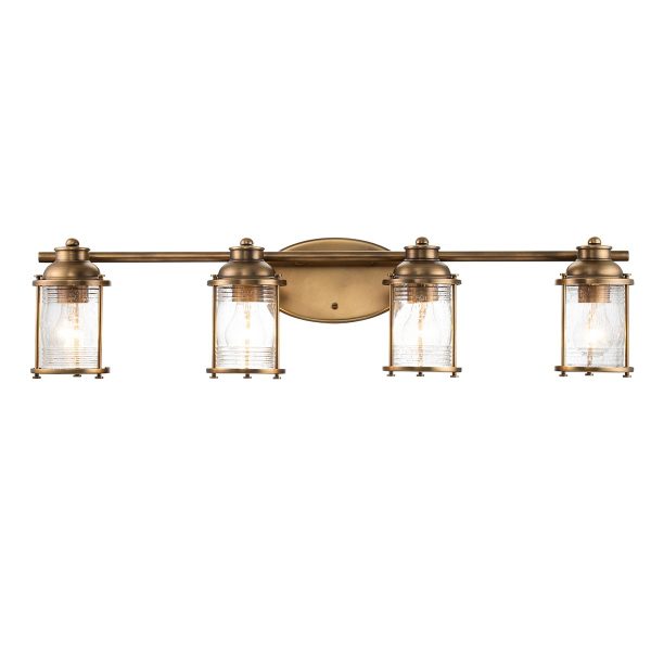 Quintiesse Ashland Bay 4 lamp bathroom mirror light in natural brass on white background lit