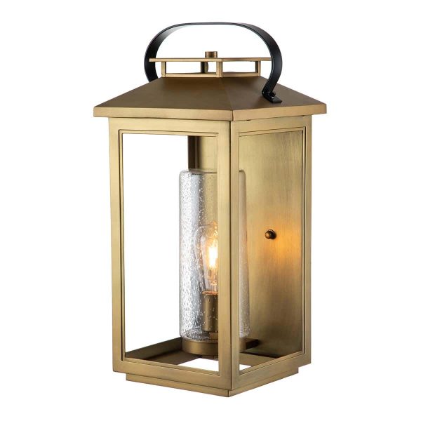 Quintiesse Atwater large rust proof 1 light outdoor wall box lantern in distressed brass on white background lit