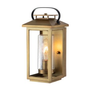 Quintiesse Atwater small rust proof 1 light outdoor wall box lantern in distressed brass on white background lit