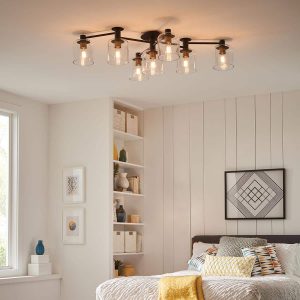 Quintiesse Axel 5 light semi flush low ceiling light in matt black with clear glass bedroom roomset