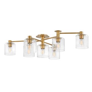 Quintiesse Axel 5 light semi flush low ceiling light in heritage brass with clear glass on white background