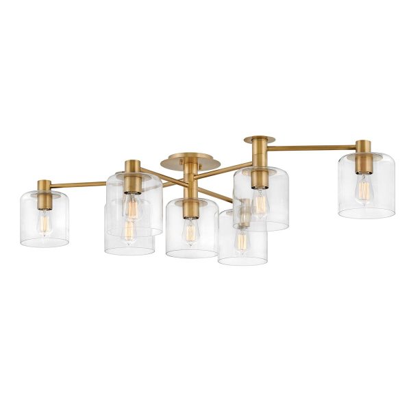 Quintiesse Axel 7 Light Semi Flush Low Ceiling Light Brass Clear Glass