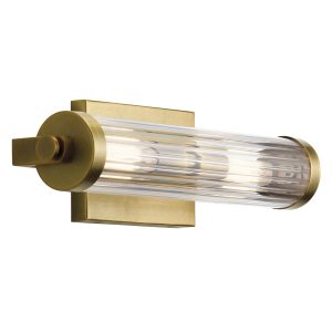 Quintiesse Azores 2 light bathroom wall light in natural brass on white background