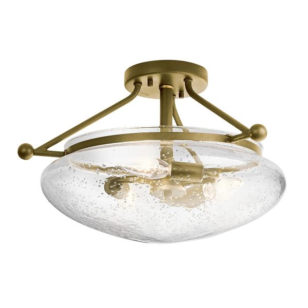 Quintiesse Belle 3 light semi flush ceiling light in brushed natural brass on white background