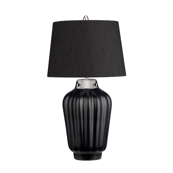 Quintiesse Bexley 1 light black ribbed ceramic table lamp in polished nickel on white background unlit